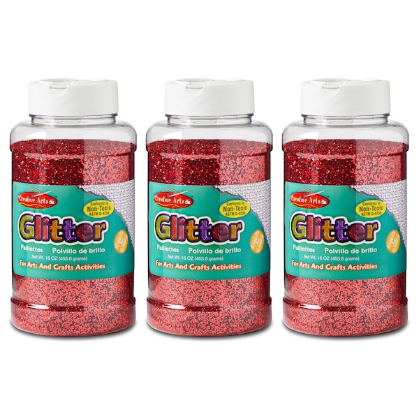 Charles Leonard Creative Arts Glitter, 1 lb. Bottle, Red, PK3 41130 - main